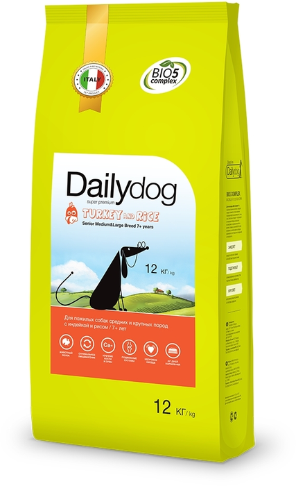 Dailydog сухой корм для пожилых собак средних и крупных пород, индейка и рисом
