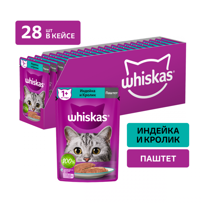 Whiskas влажный корм для кошек, паштет с индейкой и кроликом
