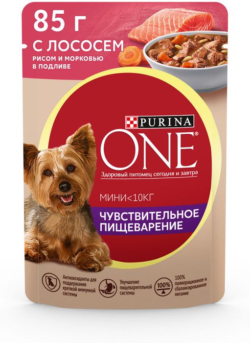Влажный корм Purina ONE® Мини Чувствительное пищеварение для взрослых собак мелких пород с чувствительным пищеварением, с лососем, рисом и морковью в подливе
