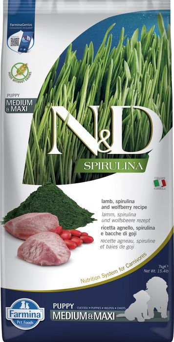Farmina N&D Spirulina корм для щенков средних и крупных пород, с ягненком, спирулиной, ягодами годжи