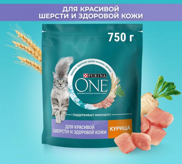 Сухой корм Purina ONE® полнорационный для взрослых кошек для красивой шерсти, здоровой кожи и контроля образования волосяных комков, с высоким содержанием курицы