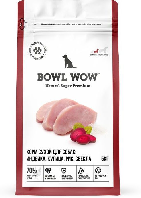 Bowl Wow корм для собак средних пород, с индейкой, курицей, рисом и добавлением свеклы