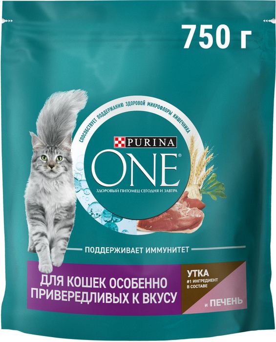 Сухой корм Purina ONE® полнорационный для кошек особенно привередливых к вкусу с высоким содержанием утки и c печенью