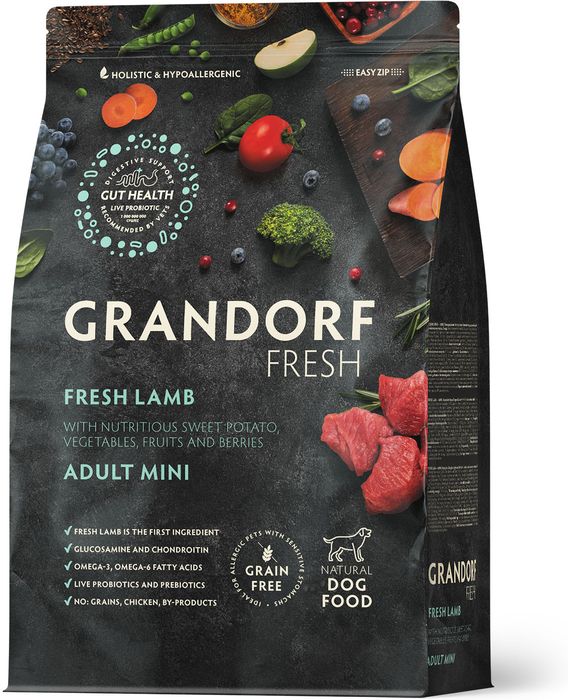 Grandorf Fresh корм для собак мелких пород, беззерновой, с живыми пробиотиками, свежее мясо ягненка с бататом