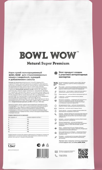 Bowl Wow корм для стерилизованных кошек, с индейкой, курицей и добавлением свеклы