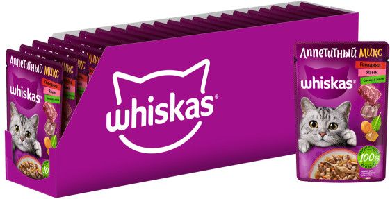 Whiskas влажный корм для кошек, аппетитный микс из говядины, языка и овощей в желе