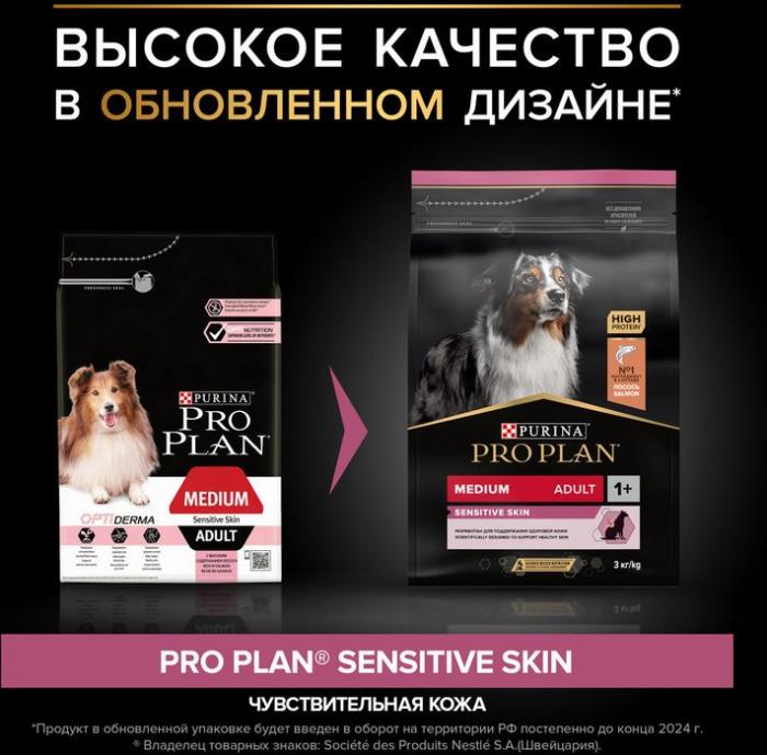 Сухой корм Pro Plan® Sensitive Skin для взрослых собак средних пород с чувствительной кожей, с высоким содержанием лосося