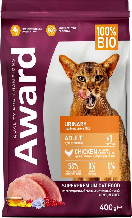 Award Urinary корм для взрослых кошек, для профилактики мочекаменной болезни, с курицей с добавлением клюквы, цикория и рыбьего жира