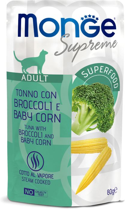 Monge Supreme Adult влажный корм для кошек, мясные кусочки с тунцом, брокколи и кукурузой