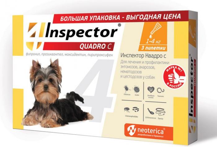 Inspector Quadro C капли для собак весом 1-4 кг от внешних и внутренних паразитов