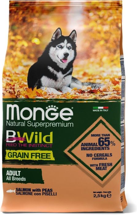 Monge Dog BWild Grain Free сухой корм для взрослых собак всех пород, беззерновой, лосось и горох