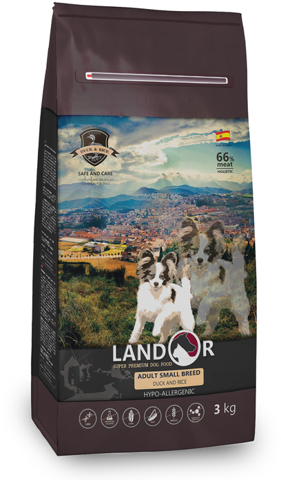 Landor сухой корм для взрослых собак малых пород, гипоаллергенный, утка с рисом
