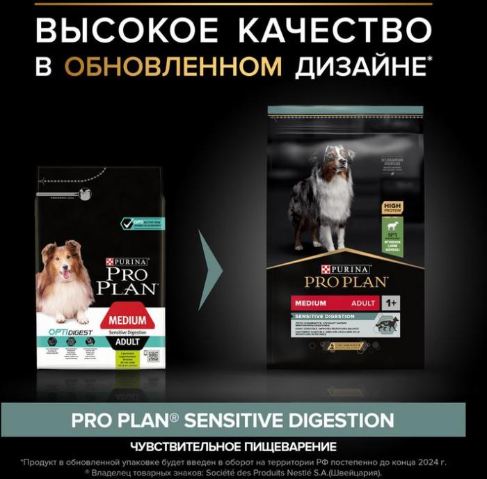 Сухой корм Pro Plan® Sensitive Digestion для взрослых собак средних пород с чувствительным пищеварением, с высоким содержанием ягненка