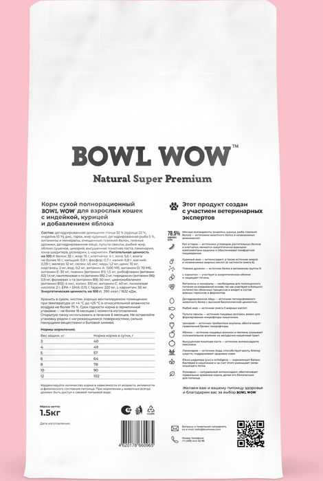 Bowl Wow корм для кошек, с индейкой, курицей и добавлением яблока