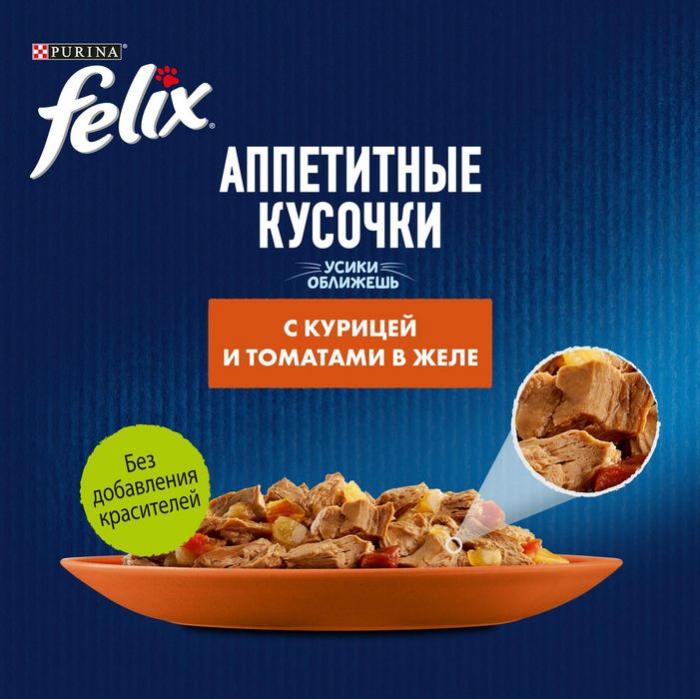 Влажный корм Felix® Аппетитные кусочки для взрослых кошек, с курицей и томатами в желе