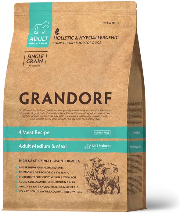 Grandorf корм для собак средних и крупных пород, четыре вида мяса