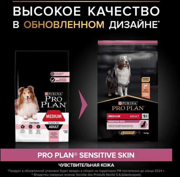 Сухой корм Pro Plan® Sensitive Skin для взрослых собак средних пород с чувствительной кожей, с высоким содержанием лосося