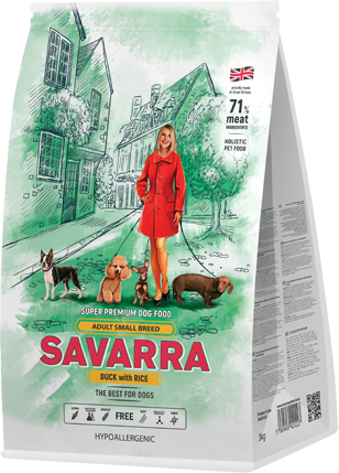 Savarra сухой корм для взрослых собак малых пород, холистик, утка и рис