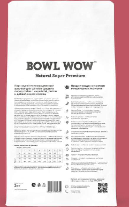 Bowl Wow корм для щенков средних пород, с индейкой, рисом и добавлением клюквы