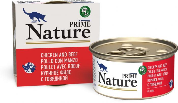 Prime Nature влажный корм для кошек, куриное филе с говядиной в бульоне