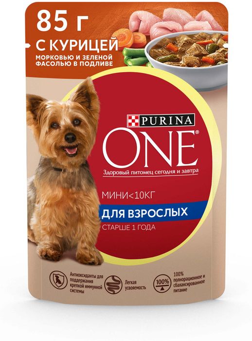 Влажный корм Purina ONE® Мини Взрослая для собак мелких пород старше 1 года, с курицей, морковью и зеленой фасолью в подливе