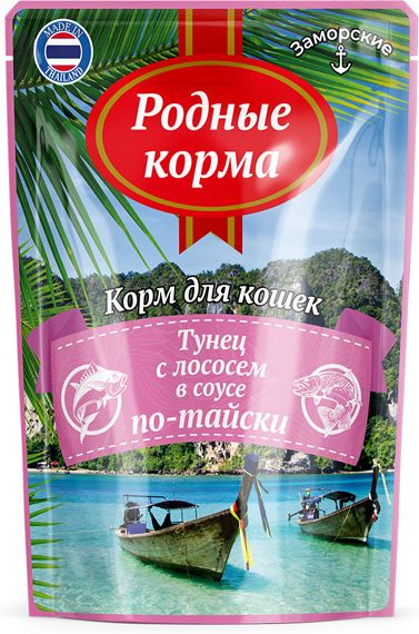 Родные Корма влажный корм для кошек, тунец с лососем в соусе по-тайски