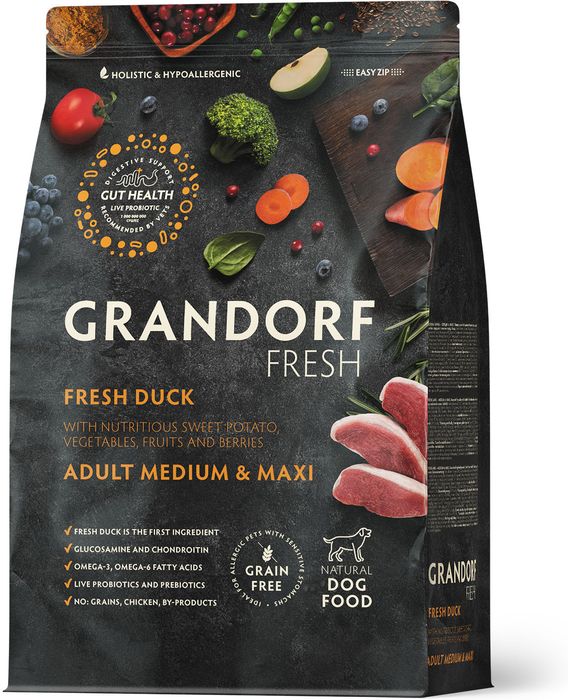 Grandorf Fresh корм для собак средних и крупных пород, беззерновой, с живыми пробиотиками, свежее мясо утки с бататом