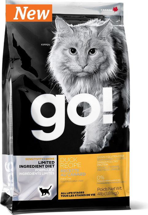 GO! корм для котят и взрослых кошек всех пород, деликатное пищеварение, свежая утка