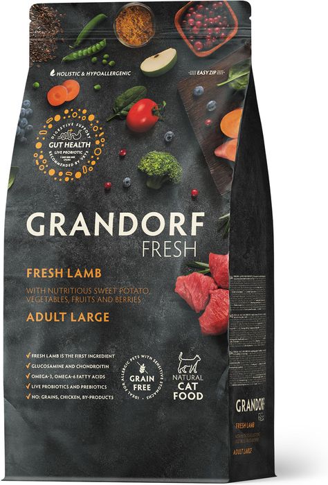 Grandorf Fresh корм для кошек крупных пород, беззерновой, с живыми пробиотиками, свежее мясо ягненка с бататом
