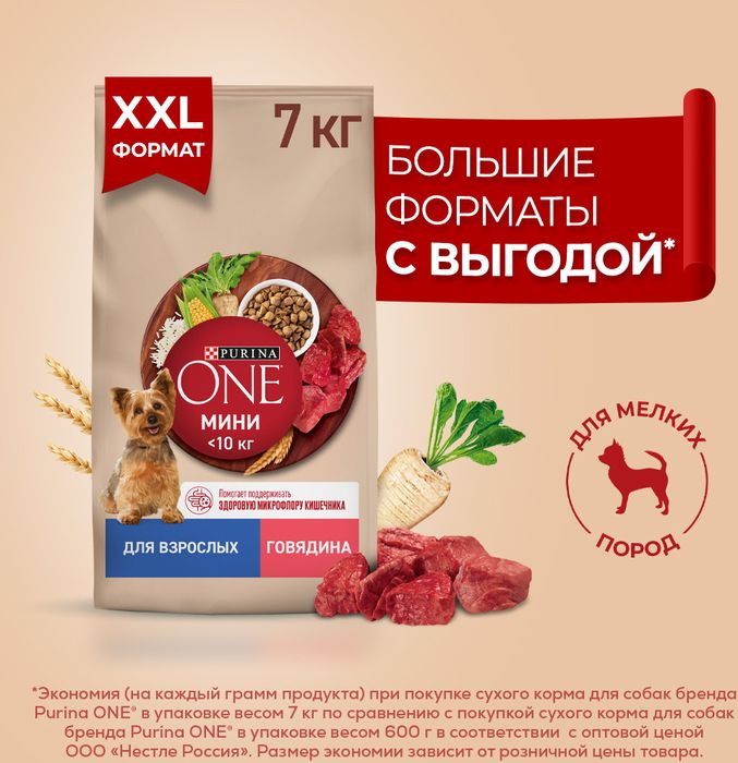 Сухой корм Purina ONE® для взрослых собак мелких и карликовых пород, с высоким содержанием говядины и с рисом
