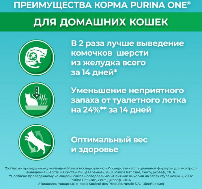Сухой корм Purina ONE® полнорационный для взрослых кошек, живущих в домашних условиях, с высоким содержанием индейки