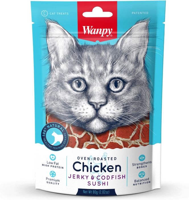 Wanpy лакомство для кошек, суши из курицы с треской