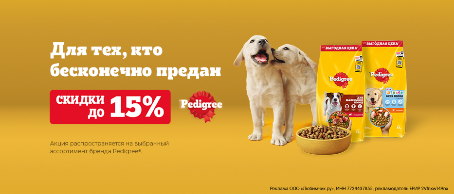 Скидка до 15% на сухой корм для собак Pedigree с 13 июля по 9 августа!