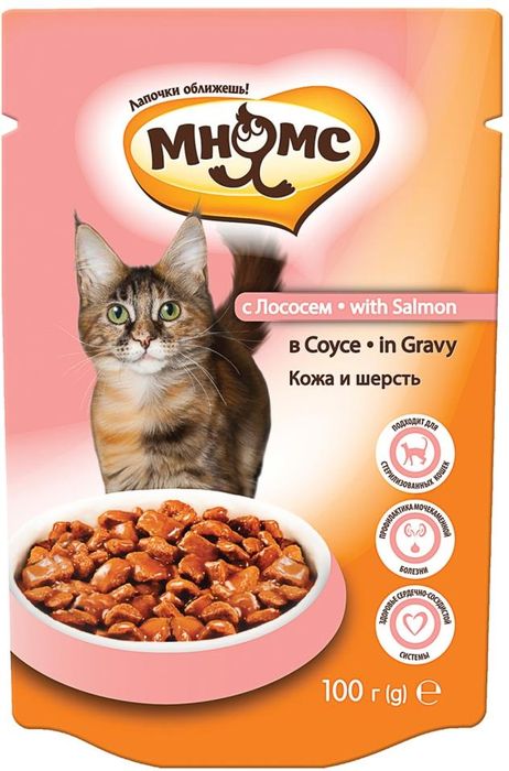 

Мнямс Кожа и шерсть влажный корм и для кошек с лососем (100 г)