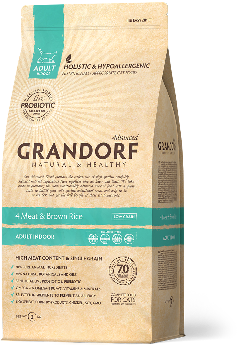 

Grandorf Indoor корм для кошек 4 вида мяса с рисом и пробиотиками (400 г)