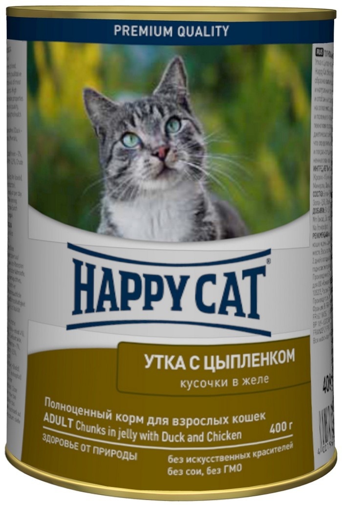 

Happy Cat влажный корм для кошек кусочки с уткой и цыпленком (400 г)