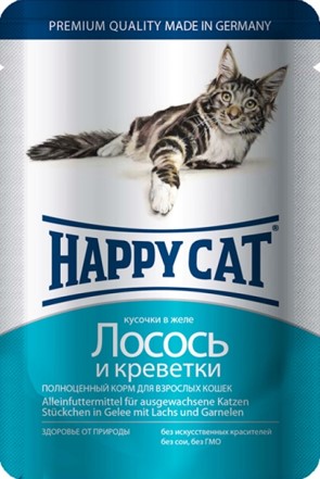 

Happy Cat влажный корм для кошек кусочки с лососем и креветками (100 г)