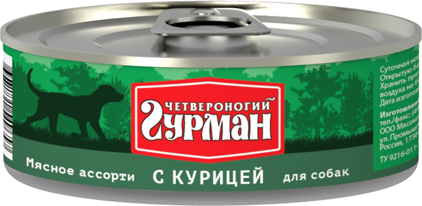 

Четвероногий Гурман Мясное Ассорти консервы для собак кусочки с курицей (100 г)
