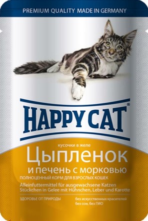 

Happy Cat влажный корм для кошек кусочки с цыпленком, печенью и морковью (100 г)