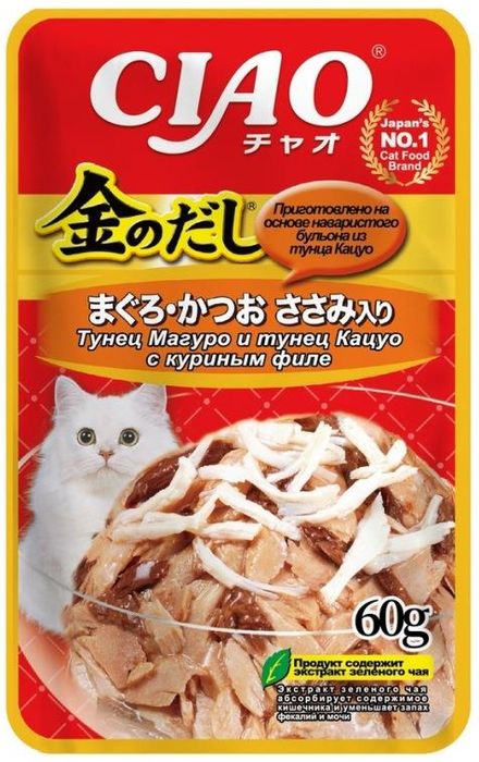 

INABA CIAO Inaba Kinnodashi влажный корм для кошек, тунец магуро и тунец кацуо с куриным филе (60 г)