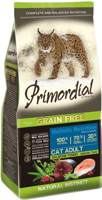 

Primordial корм для взрослых кошек всех пород, беззерновой, лосось, тунец (400 г)