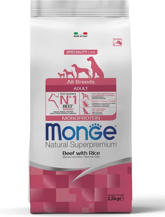

Monge Dog Monoprotein корм для взрослых собак всех пород, говядина и рис (12 кг)