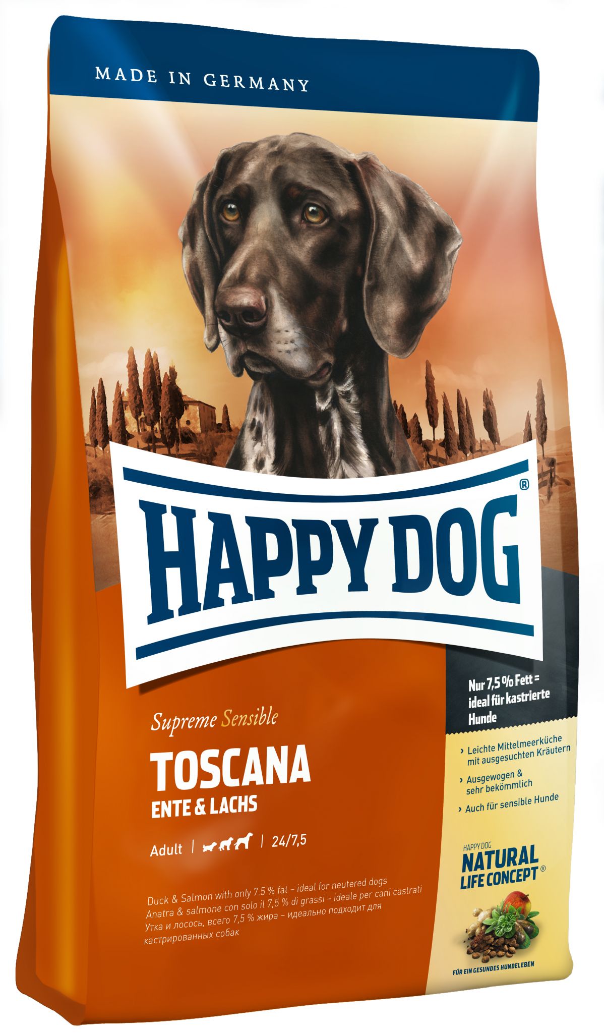 

Happy Dog Supreme Sensible Toscana сухой корм для собак с уткой и лососем (12,5 кг)