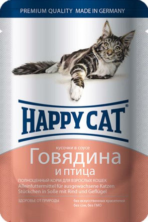 

Happy Cat влажный корм для кошек кусочки с говядиной и птицей (100 г)
