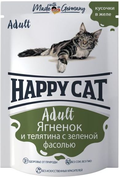 

Happy Cat влажный корм для кошек, ягненок, теленок, зеленая фасоль в желе (100 г)