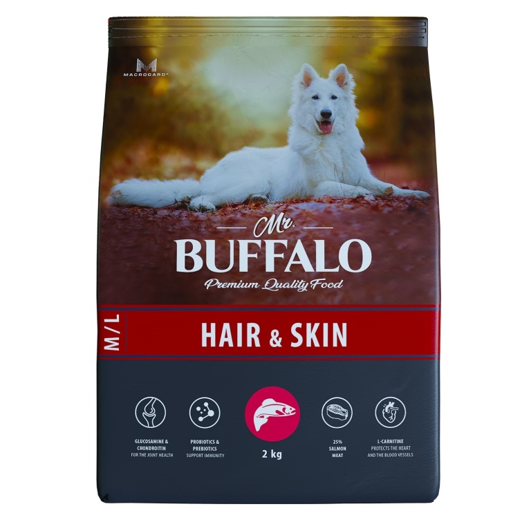 

Mr.Buffalo сухой корм для взрослых собак средних и крупных пород, для кожи и шерсти, лосось (800 г)
