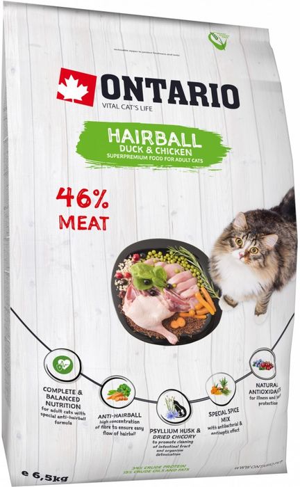 

Ontario корм для кошек, для вывода шерсти, с уткой, с курицей (400 г)